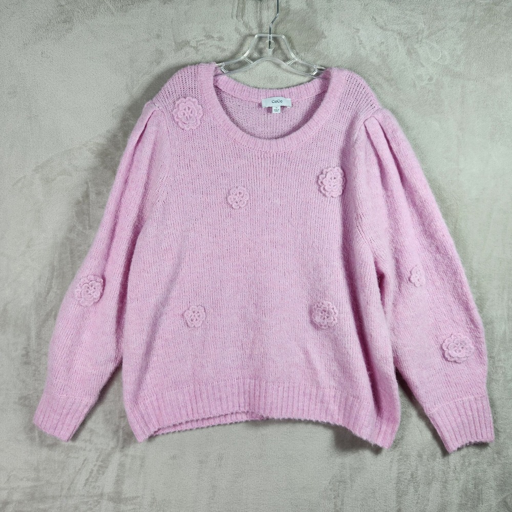 CeCe Sweater Womens 3X Pink Floral Applique Puff Sleeve Fuzzy Knit Plus Size NEW - Picture 1 of 8